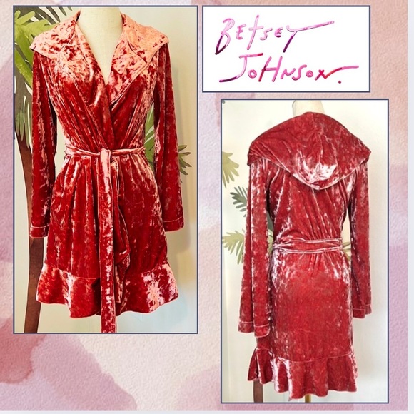 Betsey Johnson,Crushed Pink-Velvet Hooded,Wrap-Around,Side-Tie Robe/Dress,Size S - Picture 1 of 15